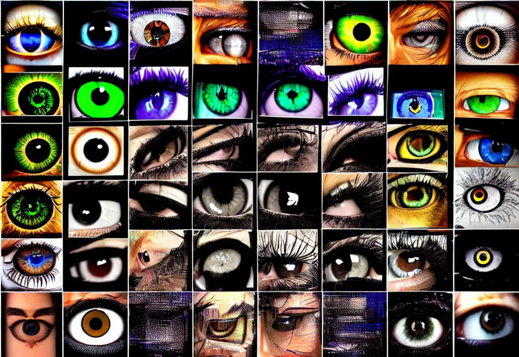 Image similar to grid montage of cube shaped eyes, square shaped black dilated pupils, cube shaped irises, detailed colored textures, eyelashes, advanced art, art styles mix, from wikipedia, wet reflections in square eyes, sunshine light, hd macro photograph, from side, various eyelid positions, square black pupil centered