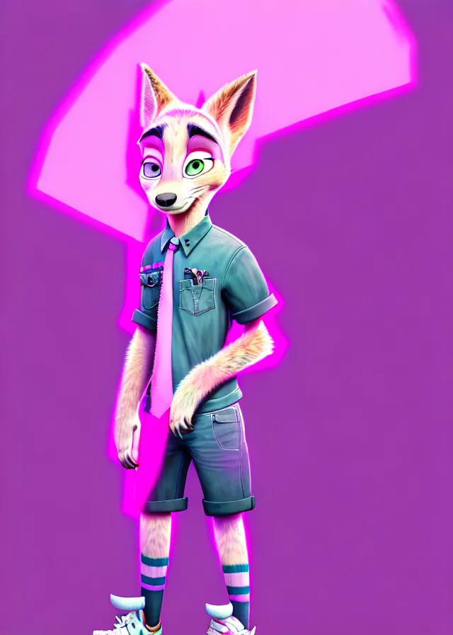 Image similar to portrait of a cute male boy with pink hair and pink wolf ears and freckles stylish clothes in a city in the style of zootopia, disney, volumetric lighting, subsurface scattering, photorealistic, octane render, random artists