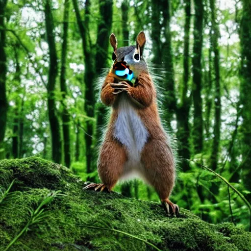 Prompt: a hyper realistic shot of a large squirrel with soft hair and tufts on its ears standing on its hind legs in a luscious green forest, a single weak ray of light emerging through the canopy and hitting the forest floor below him, 8 k, realistic