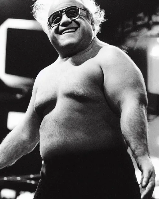 Image similar to portrait of danny devito as a professional wrestler. photographic, photography