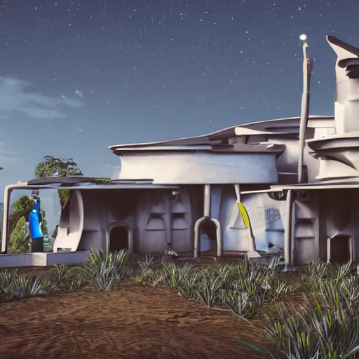 Image similar to cybernetic futuristic ndebele homestead seen from the front, highly detailed, octane rendered