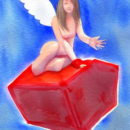 Prompt: Angel crying on top of a red ocean cube, trending on ArtStation watercolor drawing painting creative painterly artistic