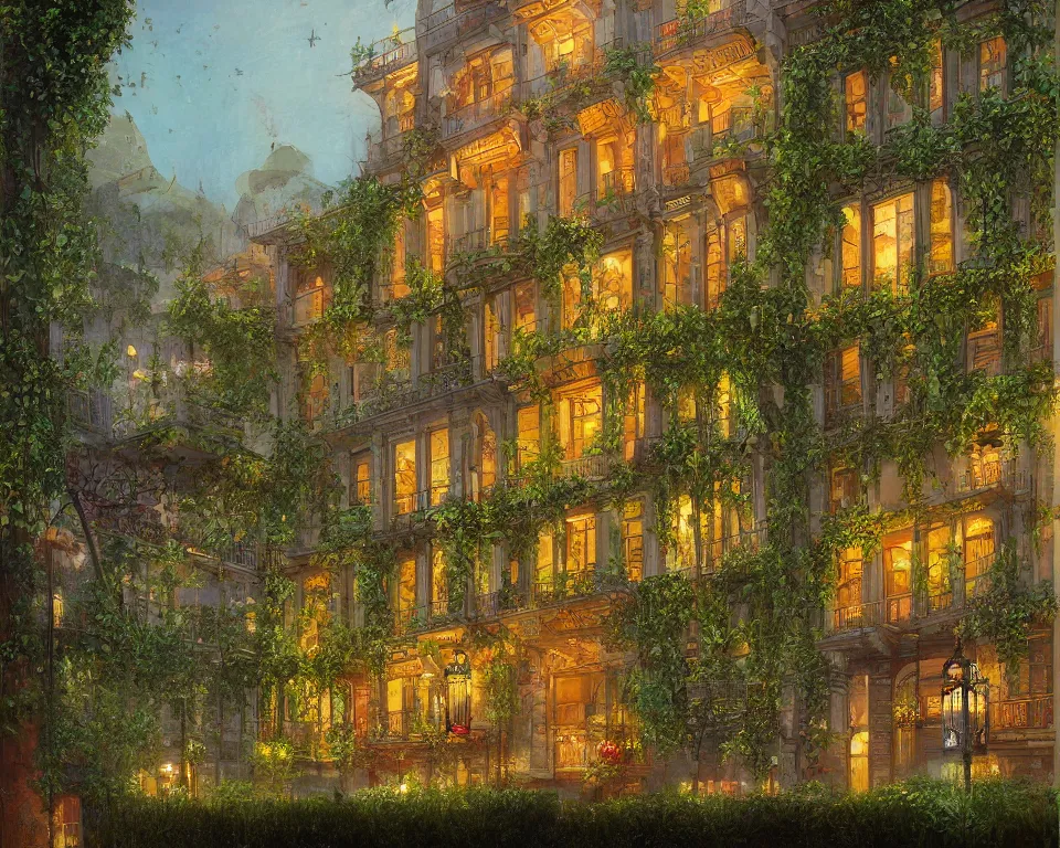 Prompt: an achingly beautiful print of a vibrant Turkish four seasons hotel, lit by glowing wrought-iron lanterns and overgrown with flowering ivy, on the Bosporus by Raphael, Hopper, and Rene Magritte. detailed, romantic, enchanting, trending on artstation.