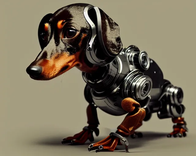 Prompt: dachshund robot, mechanical, machine, octane render, concept art, sharp focus, hyper - realistic, intricate, detailed, damien guimoneau, luka mivsek, ruan jia