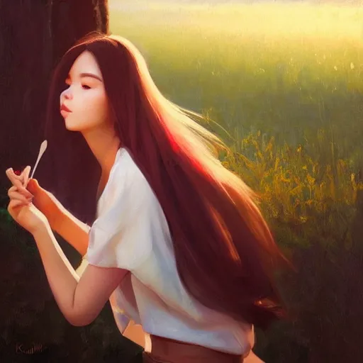 Prompt: oil painting by ilya kuvshinov,, baugh casey, rhads, coby whitmore, of a youthful japanese beauty, long hair, popsicle in mouth, outdoors, highly detailed, breathtaking face, studio photography, dawn, intense subsurface scattering, blush, supple look, innocence, intense sunlight