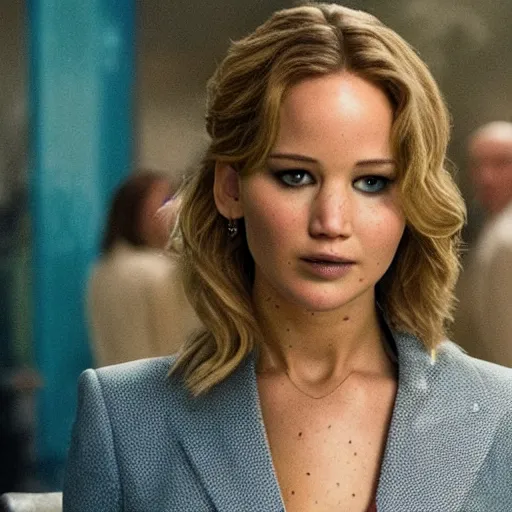 Prompt: Promo picture of Jennifer Lawrence as Danny Ocean in Oceans 11 remake (2029)