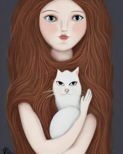 Image similar to a portrait of a young woman with very long pink hair undulating on the wind, light brown eyes, slightly chubby, pale skin, pretty, cute, holding a white cat. by viorie and laia lopez