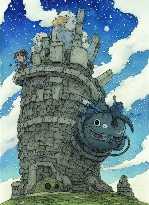 Prompt: hyperrealist studio ghibli watercolor fantasy concept art of a giant king kai from howl's moving castle sitting on stonehenge like a chair. it is a misty starry night. by rebecca guay, michael kaluta, charles vess