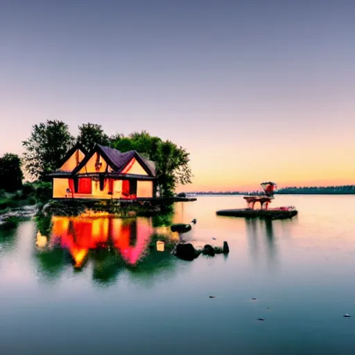 Prompt: a small house by the lake on a beautiful summer night, lanterns, sunset