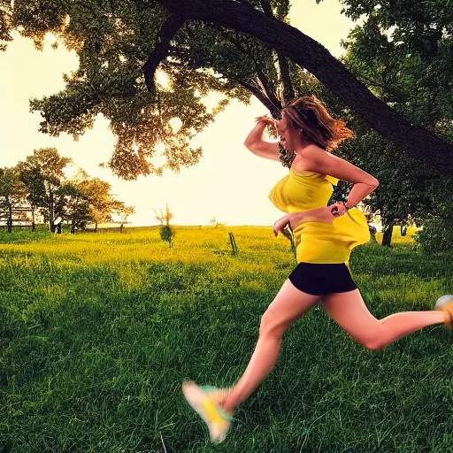 Image similar to “a woman runs sideways to the center of the frame in a yellow sundress at night, full height, in the background a slavic barn and bushes with trees”