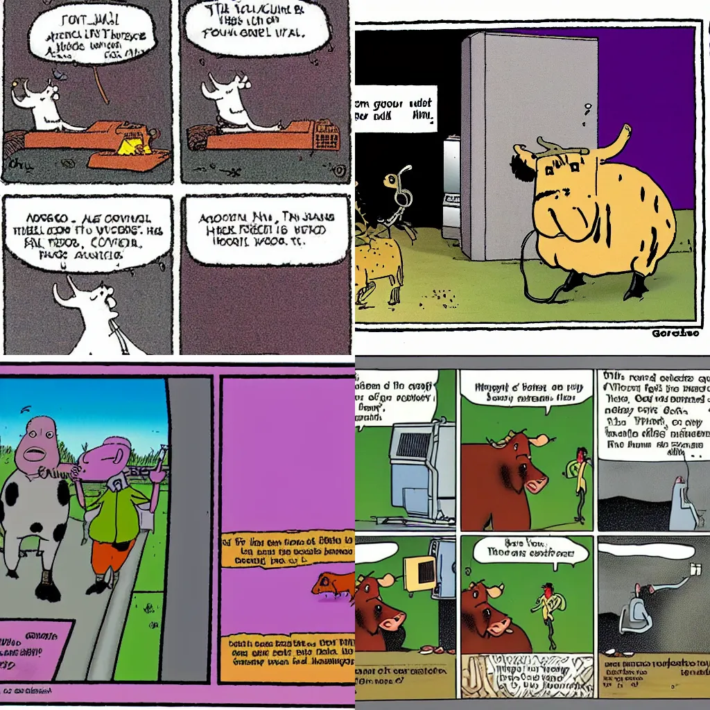 Prompt: a Farside cartoon about a cow discovering AI by Gary Larson