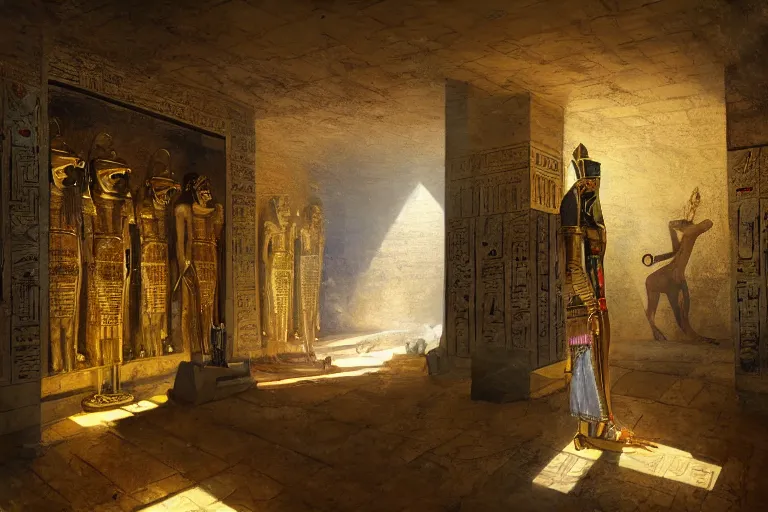 Image similar to egyptian tomb interior shiney gold and obsidian, beautiful painting, david roberts, greg rutkowski, james gurney, artstation.