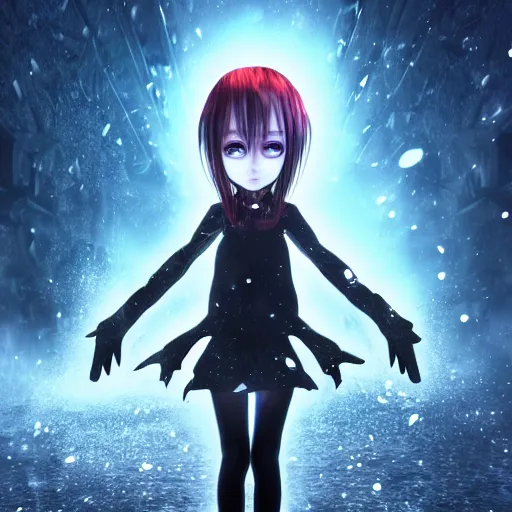 Image similar to photorealistic full body shot of masterpiece angry darkness android anime girl, beautifull lovely eyes, electric aura with particles, snowing frozen ice, darkness background, inspired by tim burton, detailed, unreal engine 4 k, volumetric light, fog