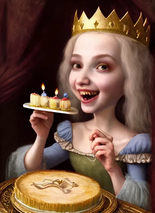 Image similar to highly detailed closeup portrait of a grinning fairytale medieval princess eating birthday cake, unreal engine, nicoletta ceccoli, mark ryden, lostfish, earl norem, global illumination, god rays, detailed and intricate environment