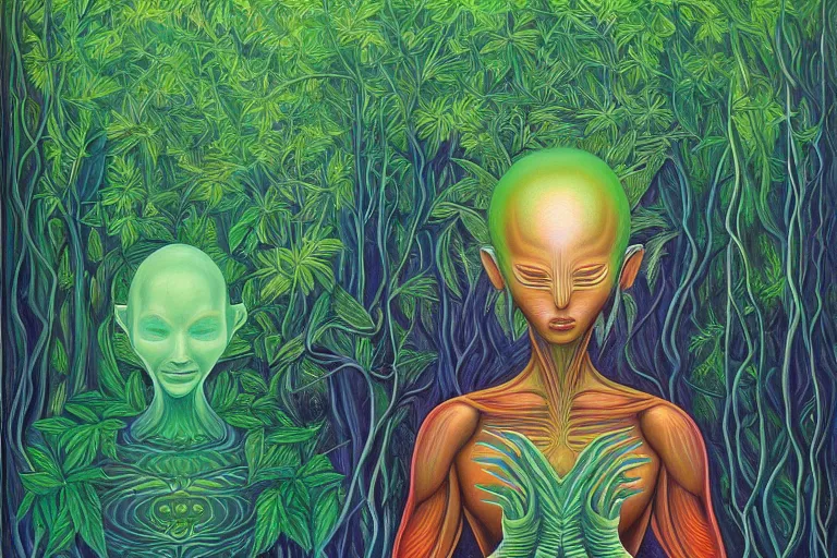 Image similar to painting of a tranquil alien meditating in lush forest by alex grey, acrylic art, ethereal, soothing, somber, elegant, soft light,