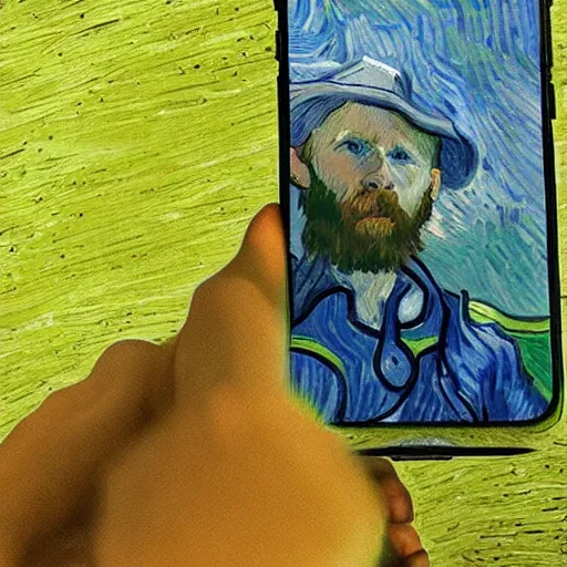 Image similar to iphone selfie, phone in hand, by van gogh