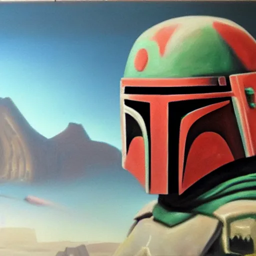 Prompt: Boba Fett looking at a giant cliff on Tatooine, oil painting