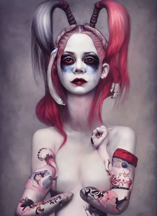 Image similar to pop surrealism, lowbrow art, realistic harley quinn painting, japanese street fashion, hyper realism, muted colours, rococo, natalie shau, loreta lux, tom bagshaw, mark ryden, trevor brown style,