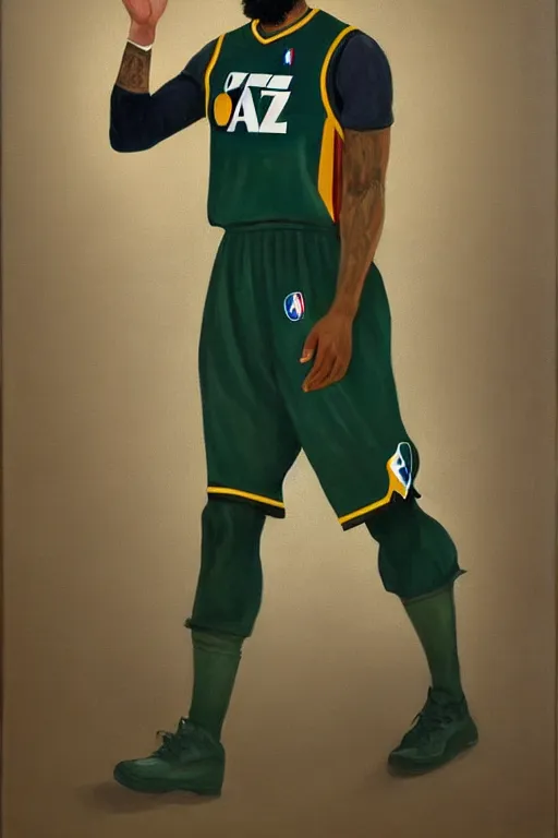 Image similar to full body portrait of the dictator of the nba utah jazz, 1 8 8 9, in full military garb, navy, green, oil on canvas by william sidney mount, trending on artstation