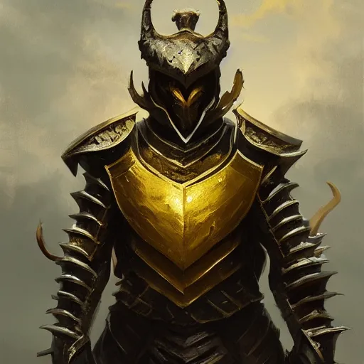 Image similar to anthropomorphic dragon warrior stands tall wearing black and gold plate armor, oil painting, Tooth Wu, Greg Rutkowski, RPG, dynamic lighting, fantasy art, High contrast, depth of field