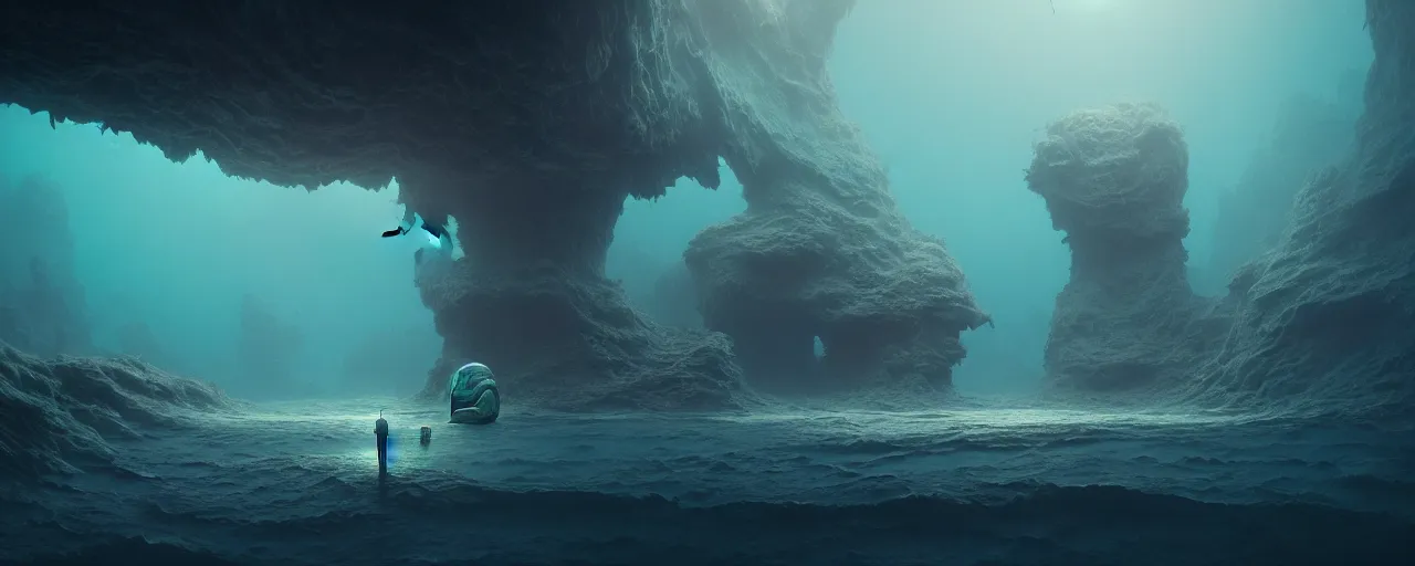 Image similar to ultra realistic muted colors horror photo of a dimly lit alien underwater landscape, very intricate details, focus, full frame image, high contrast, cgi render, artwork by tooth wu and wlop and beeple and greg rutkowski, award winning