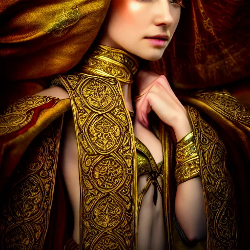 Image similar to beautiful elf with ornate robes, highly detailed, 4k, HDR, smooth, sharp focus, hyper realistic, high resolution