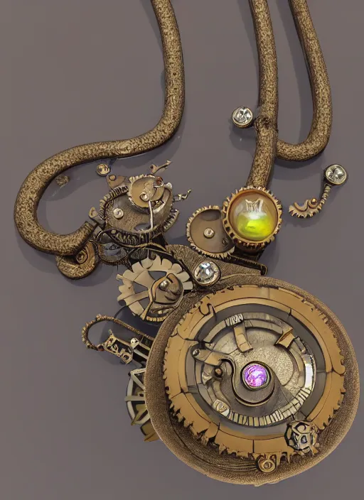 Image similar to steampunk amulet with diamond jewel and small steam tubes, volumetric lightning, octane render, realistic fog, extremely high detailed