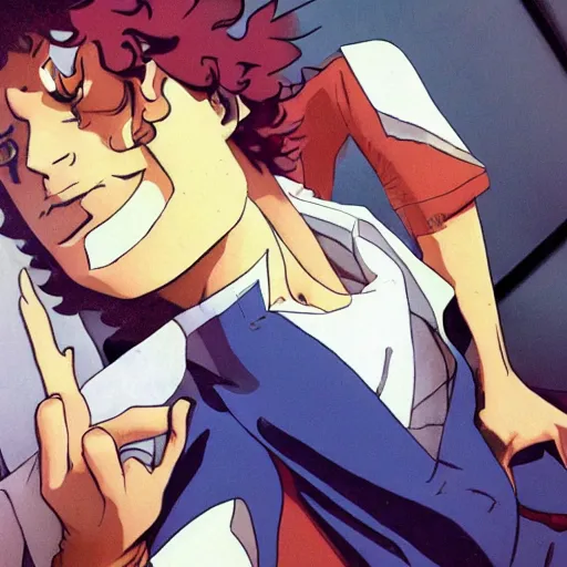 Prompt: Bandaged Spike Spiegel bebop wakes up from hospital in the style of the Cowboy Bebop