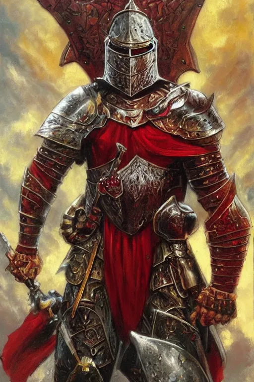 Prompt: Gorgeous Knight in Ruby armor, fantasy, symmetry, by Frank Franzetta, full color