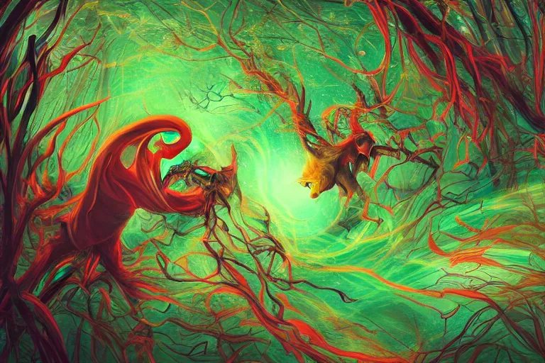 Image similar to colored life and death magic creatures confrontation, swirling scene in forest, spiral lines, concept art, artstation art, award winning, 8k, hd, very very very beautiful, warm green and warm red