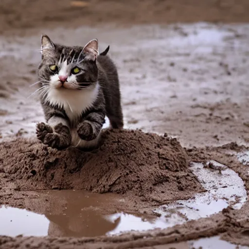 Prompt: cat play in mud