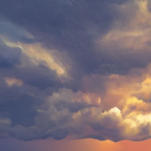 Image similar to golden clouds and rain, thunder, 4k, post-processing, very very detailed, artstation, cute