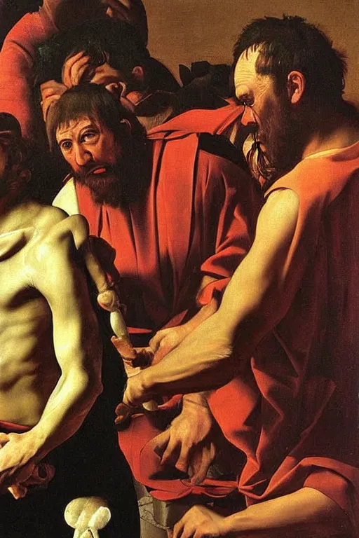 Image similar to the muppets in the painting Flagellation of Christ by Caravaggio,