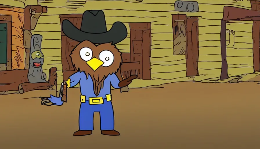 Image similar to 2000s cartoon show screenshot about a gunslinging owl from the wild west, wearing a cowboy hat an eye mask, standing in an old west town the animated show, in the style of cowboys of moo mesa