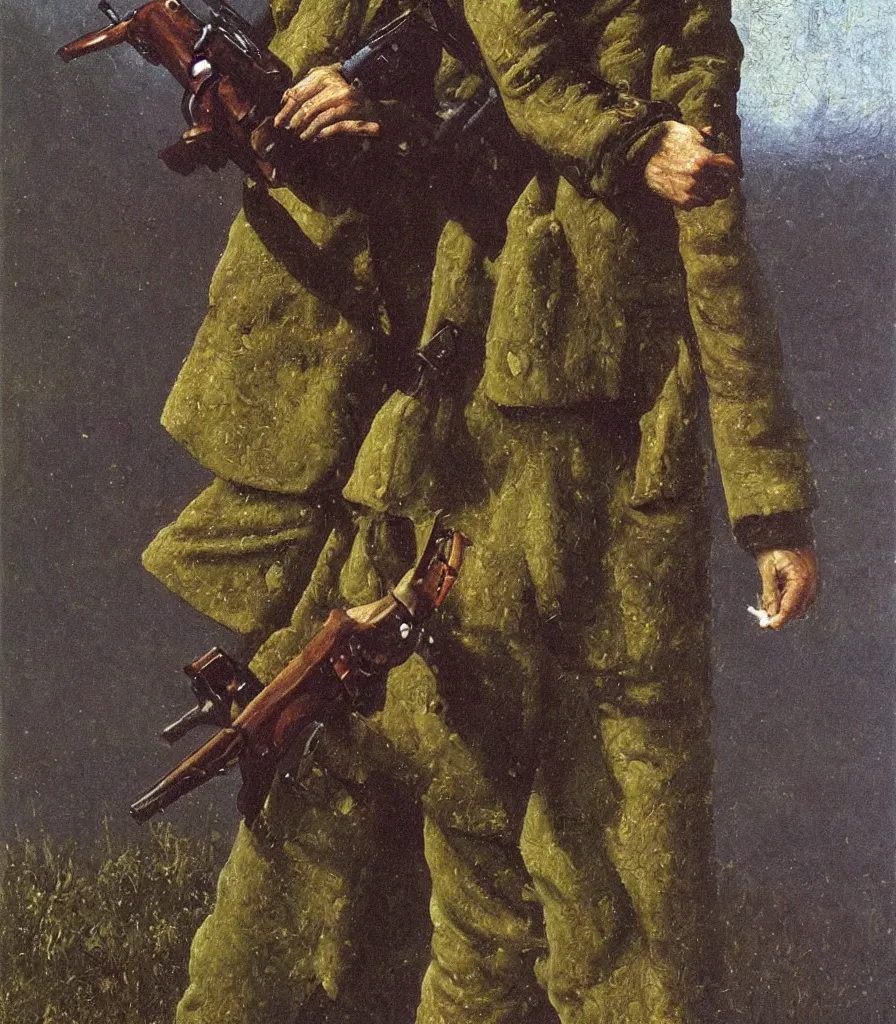 Image similar to an impasto oil painting of a soldier holding a flower instead of a gun painted by caspar david friedrich, high detail