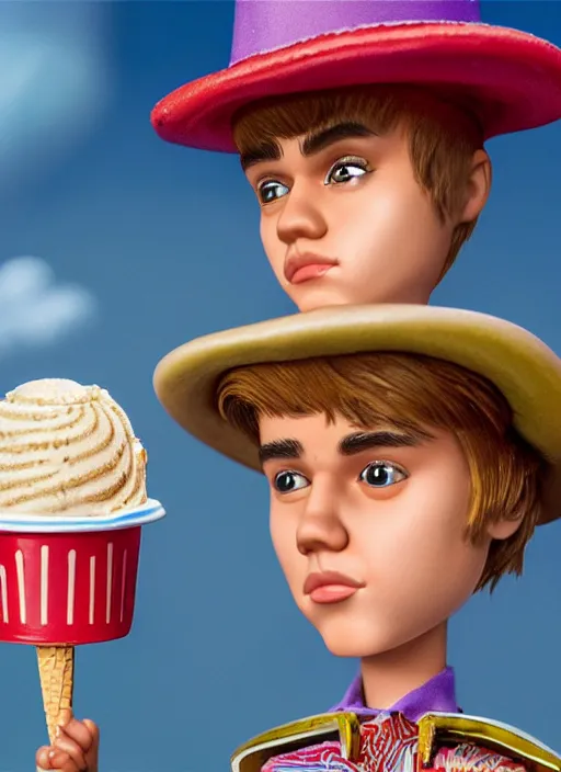 Image similar to highly detailed closeup, face profile portrait of justin bieber as a tin toy fairy - tale wizard wearing a sombrero eating ice cream, unreal engine, nicoletta ceccoli, mark ryden, earl norem, lostfish, global illumination, detailed and intricate environment