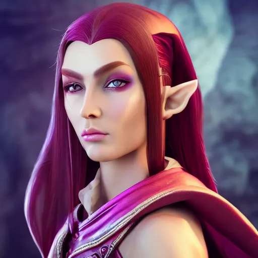 Image similar to portrait of a beautiful female high elf, tan skin, magenta eyes 3 d octane render trending on art station 8 k