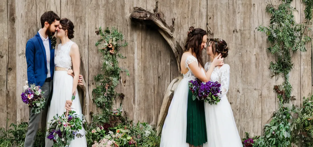 Prompt: modern wedding photography. rustic bohemian. young couple. purple and green. woodsy, old church, flowers.