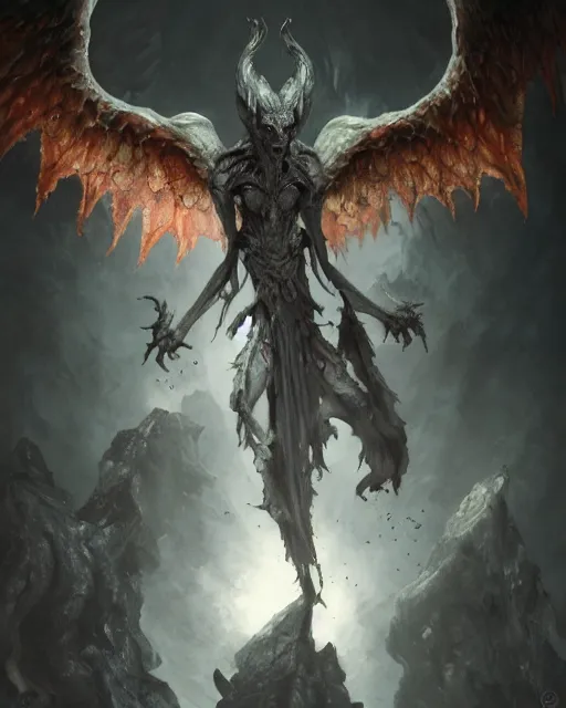 Image similar to Gargoyle Vampire Angel, D&D, artstation, fantasy, magic the gathering artwork, cinematic lighting, centered, symmetrical, highly detailed, digital painting, , concept art, smooth, sharp focus, illustration, volumetric lighting, epic Composition, 8k, art by Akihiko Yoshida and Greg Rutkowski and Craig Mullins, oil painting, cgsociety