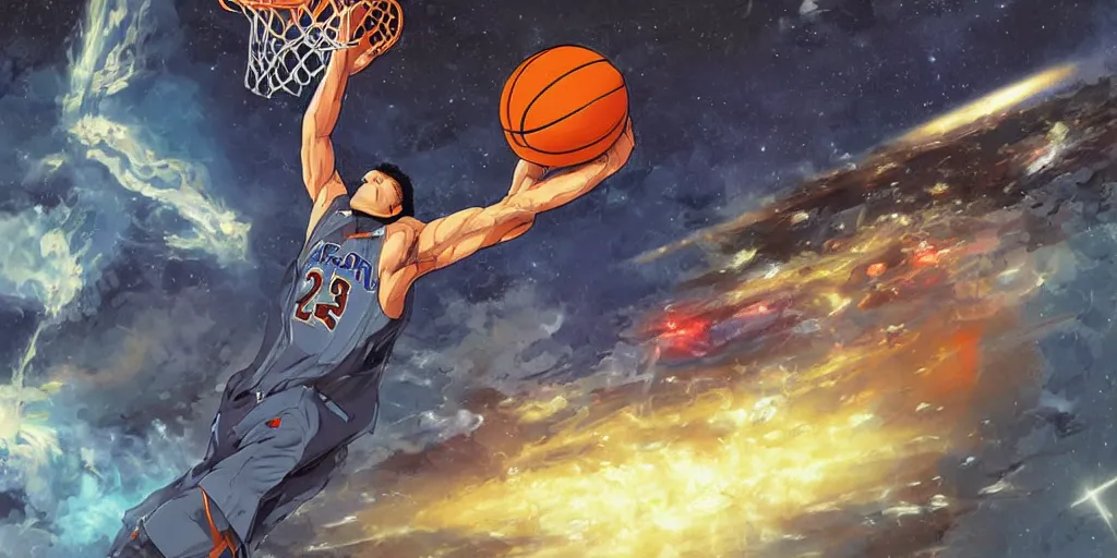 Prompt: digital painting of a monster dunking a basketball in space, by vincent di fate and takehiko inoue, highly detailed, science fiction, intricate, anime, ghost in the shell color scheme, masterpiece