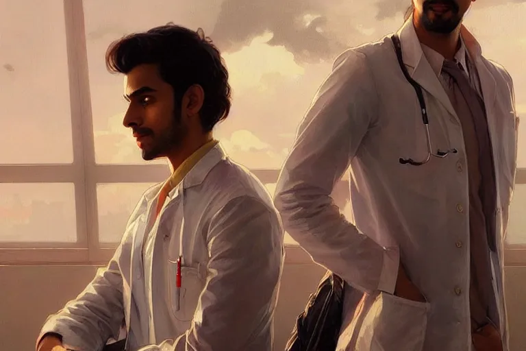 Image similar to Anxious good looking pale young Indian doctors wearing American clothes at the airport, portrait, elegant, intricate, digital painting, artstation, concept art, smooth, sharp focus, illustration, art by artgerm and greg rutkowski and alphonse mucha