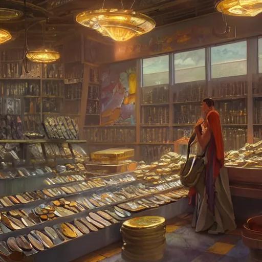 Image similar to modern coin shop with a lot of coins, 4 k, octane, digital painting, artstation, concept art, sharp focus, illustration, art by artgerm and greg rutkowski and alphonse mucha