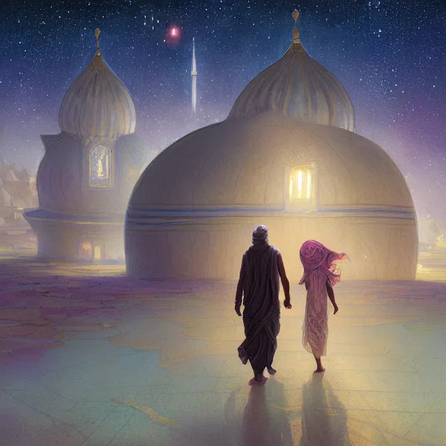 Image similar to bedouin man and woman and child in galaxy walking towards mosque surrounded by nebula, highly detailed, gold filigree, romantic storybook fantasy, soft cinematic lighting, award, disney concept art watercolor illustration by mandy jurgens and alphonse mucha and alena aenami, pastel color palette, featured on artstation