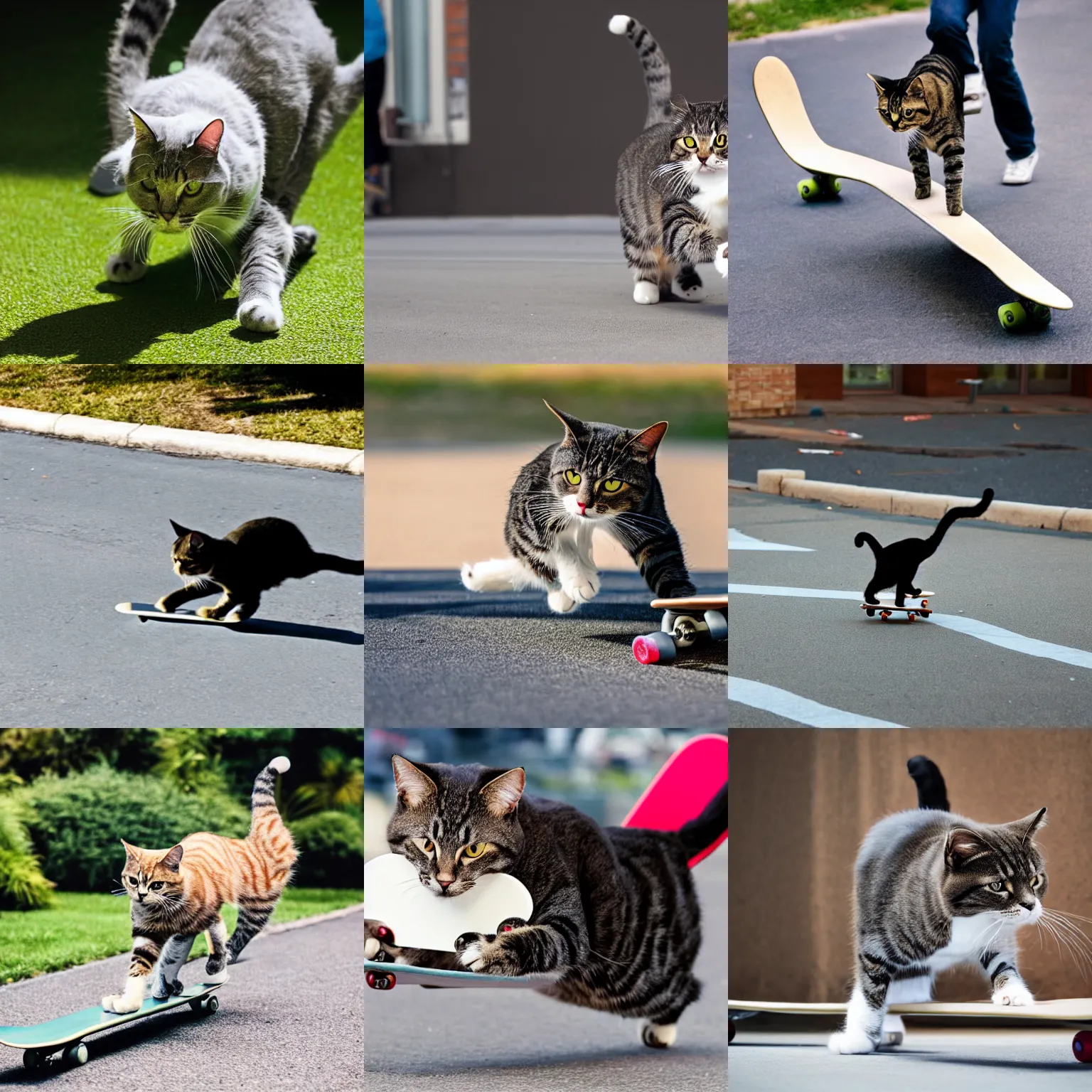 Prompt: photo of a cat skateboarding at the part