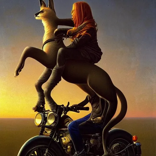 Image similar to a detailed painting of a cute caracal riding a harley davidson motorcycle with a girl. movie scene, cinematic scene, sunset, road. by beksinski and carl spitzweg and tuomas korpi. baroque elements. baroque element. intricate artwork by caravaggio. oil painting. award winning. trending on artstation. 8 k