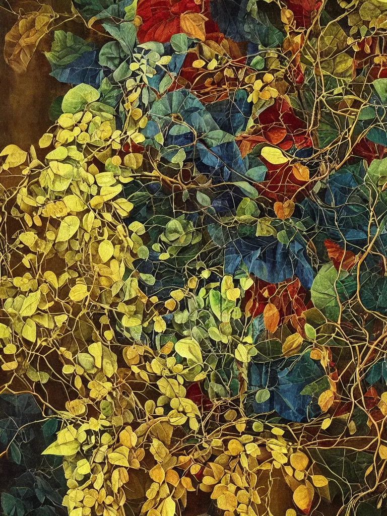 Image similar to hyperrealistic still life painting of beautiful trees, vines, on lsd, , abstract fabric, surrounded by prisms in a tesseract, by Caravaggio, botanical print, surrealism, vivid colors, serene, golden ratio