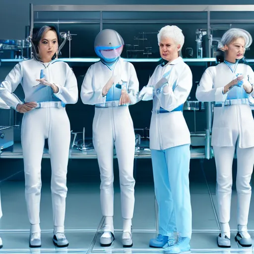 Prompt: line of six women of varying heights and body shapes, white hair, tight light blue neopren space uniforms, futuristic chemistry lab, sci - fi, highly detailed, cinematic