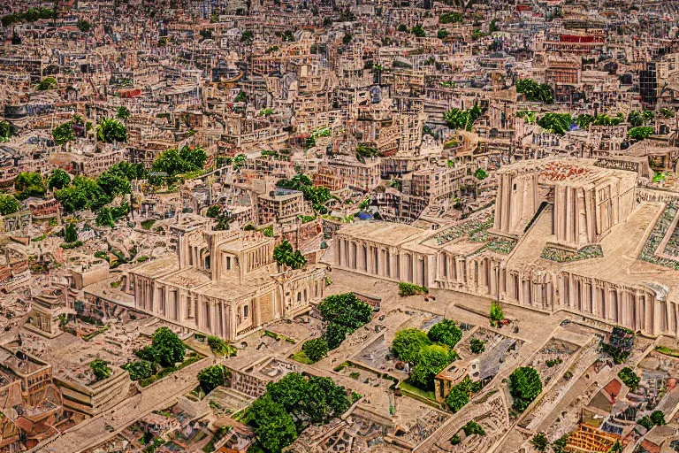 Image similar to the city of ur, with its ziggurat, tilt - shift photography, finely detailed, award - winning, 8 k,