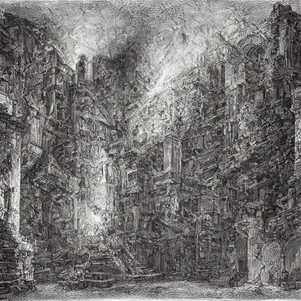 Image similar to an engraving of a medieval dungeon, carceri d'invenzione, by giovanni battista piranesi, gustave dore, volumetric lighting