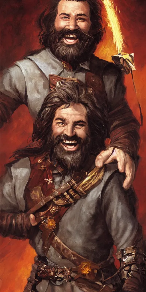 Image similar to beautiful portrait painting of a very short and small male halfing bard with brown hair with some grey hairs, full beard, ridiculous smile, from pathfinder, evil smirk, narcissist, self centered, casting fireball, painted by larry elmore, wayne reynolds, greg rutkowski, magic the gathering, dungeons and dragons, dishonored 2